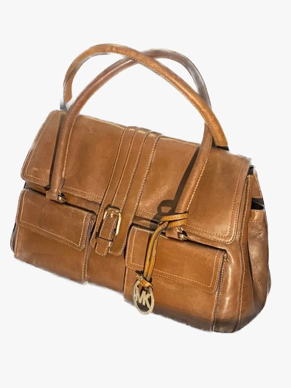 Michael Kors Cognac Brown Leather Satchel Shoulder Bag MK Charm